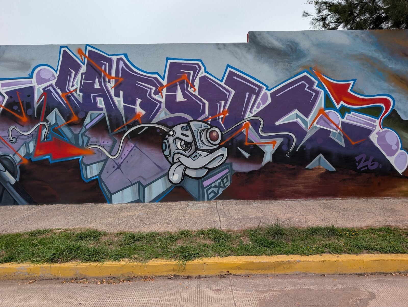 Grafiti morado con robot